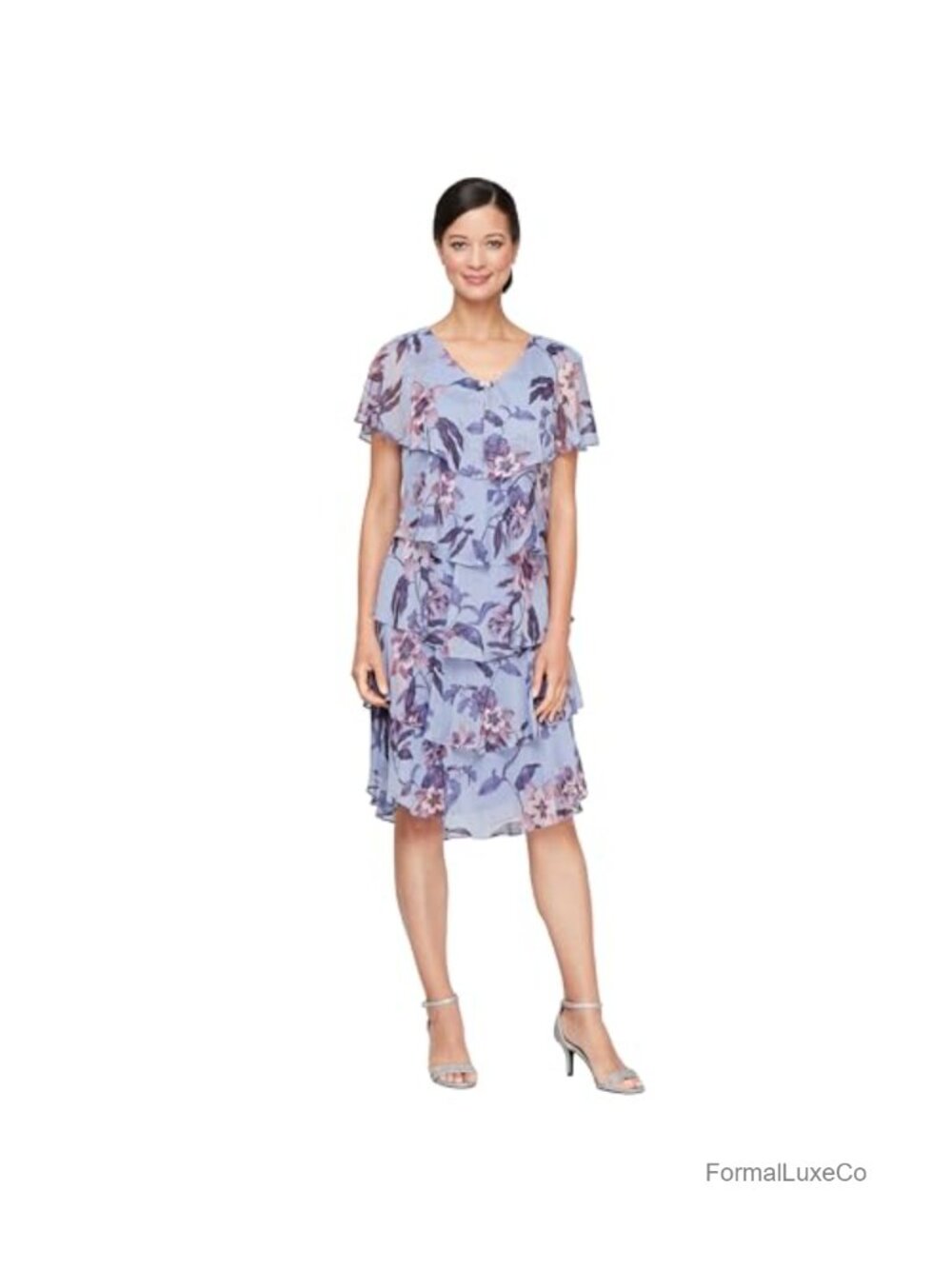 Women's Short Sleeve Tiered Chiffon Cocktail Dress Floral Wedding Guest